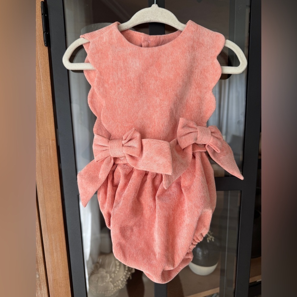 Sophie & Lucas bubble romper corduroy peach scalloped bows baby girl pumpkin